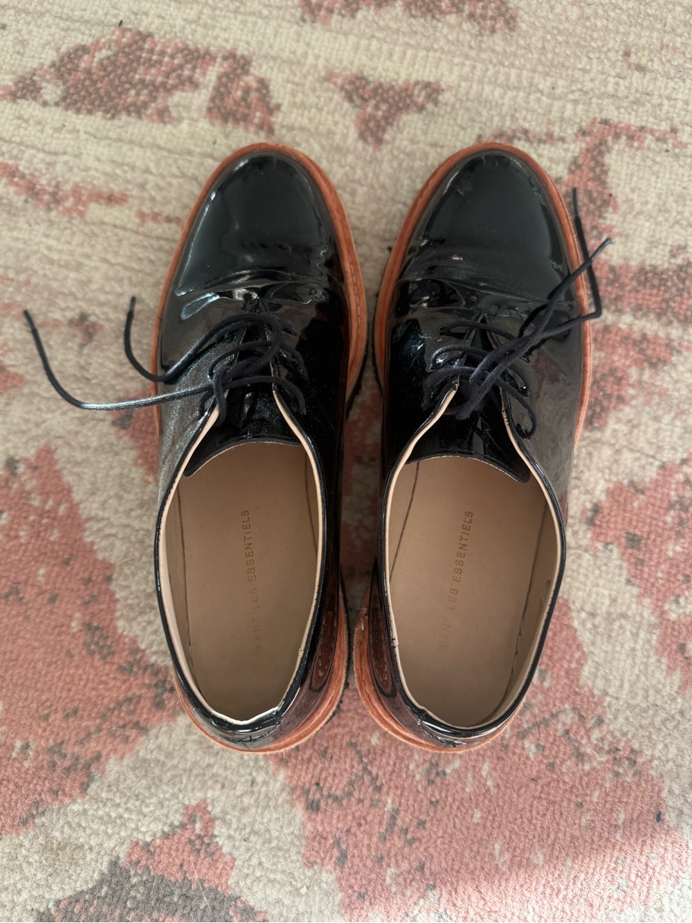 WANT Les Essentiels Black Patent Lace-Up Loafers with Brown Sole